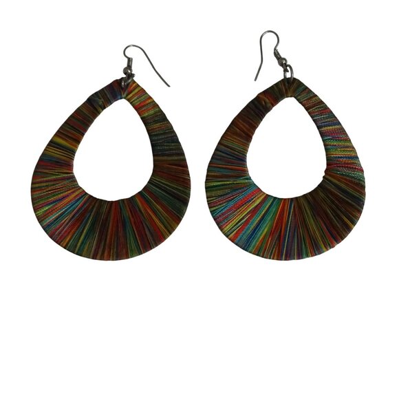 Multicolor Thread Wrapped Teardrop Earrings With Silver Hooks 2.5" x 2" - Picture 2 of 6